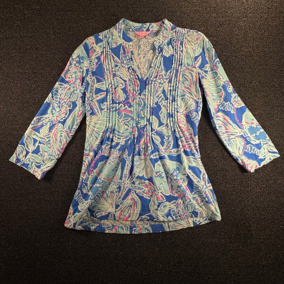 Lilly Pulitzer Tops - Lilly Pulitzer Blue Shell Starfish Print Womens XS Pintuck Rayon Tunic Top